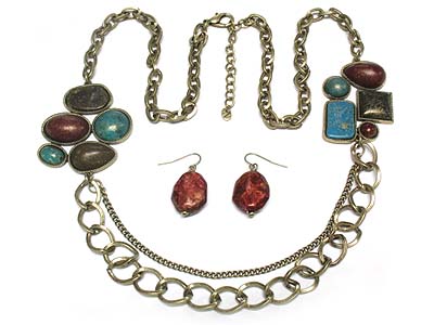 Multi patina stone deco long metal chain necklace and earring set 