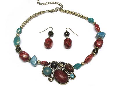 Multi shape patina stone deco necklace and earring set 