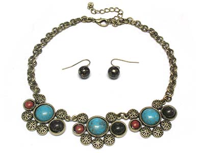 Patina stone beads and casting metal necklace and earring set