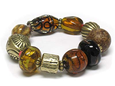 Multi glass and casting metal and ceramic beads stretch bracelet