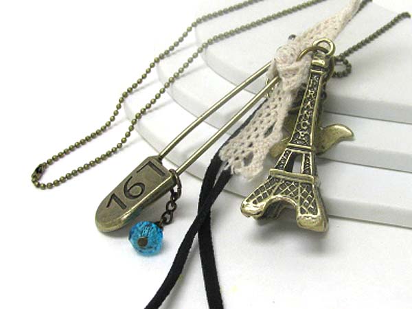 Eiffel tower and pin pendant long necklace