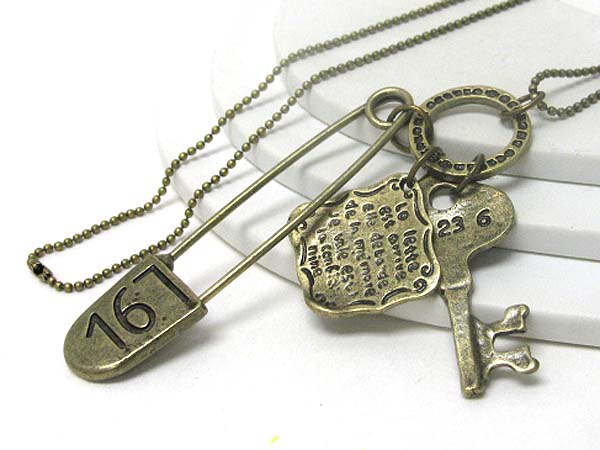 Key and pin pendant long necklace