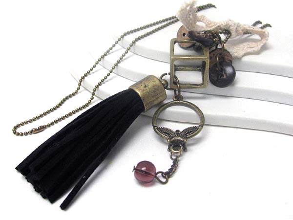 Metal cube and tassel drop long necklace