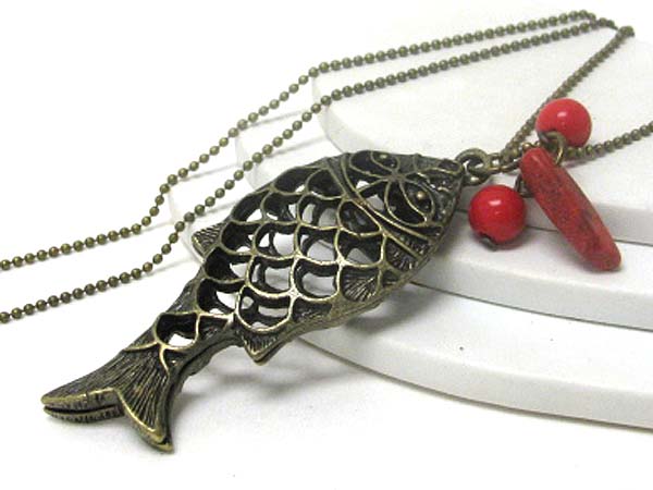 Metal filigree fish pendant long necklace