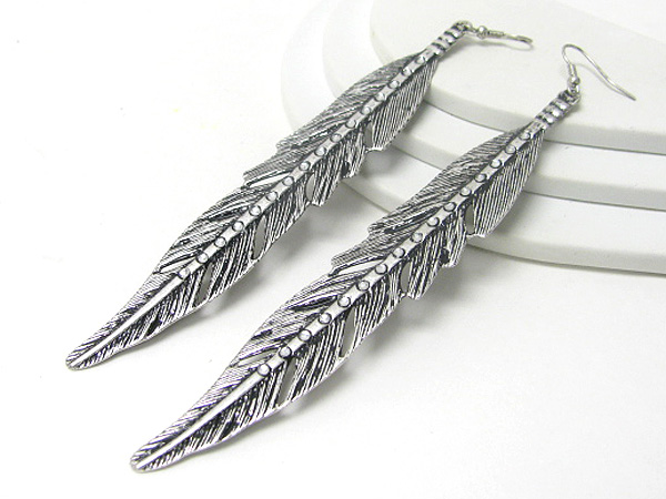 5 inch long metal feather earring