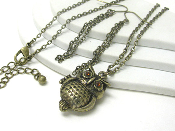 Crystal stud owl pendant long necklace earring set