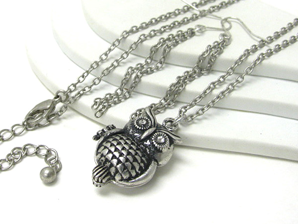 Crystal stud owl pendant long necklace earring set