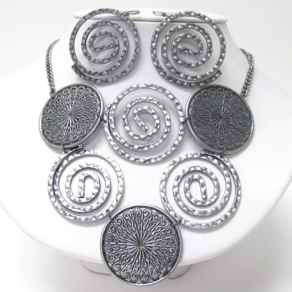 Architectural metal casting multi disk link and drop necklace earring set