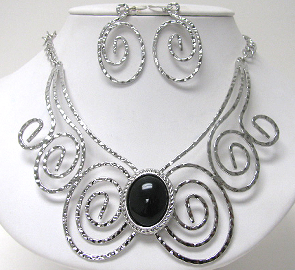 Architectural hammered and curved metal lace deco necklace earring set