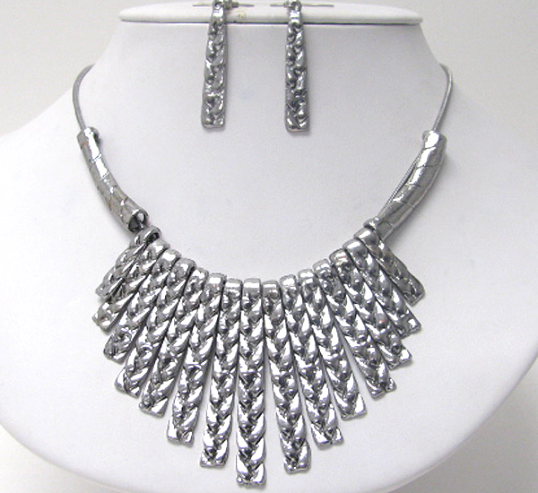 Textured metal bar drop tribal necklace earring set