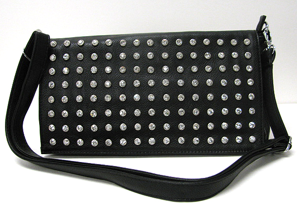 Crystal stud leatherette front flop bag - adjustable and detachable strap