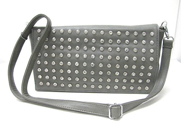 Crystal stud leatherette front flop bag - adjustable and detachable strap