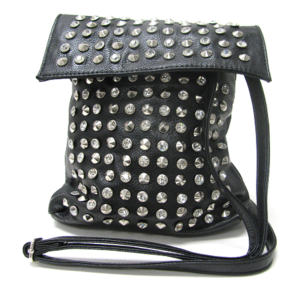 Crystal and spike stud leatherette front flop cross body messenger bag - adjustable and detachable strap