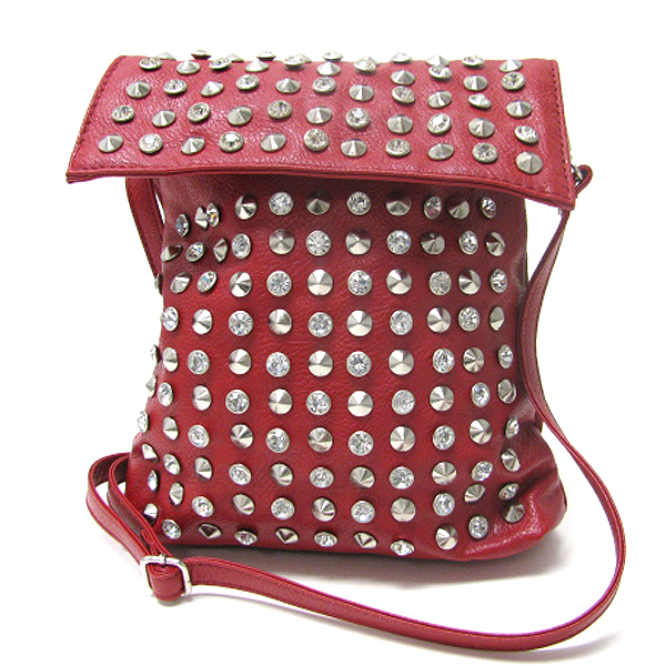 Crystal and spike stud leatherette front flop cross body messenger bag - adjustable and detachable strap