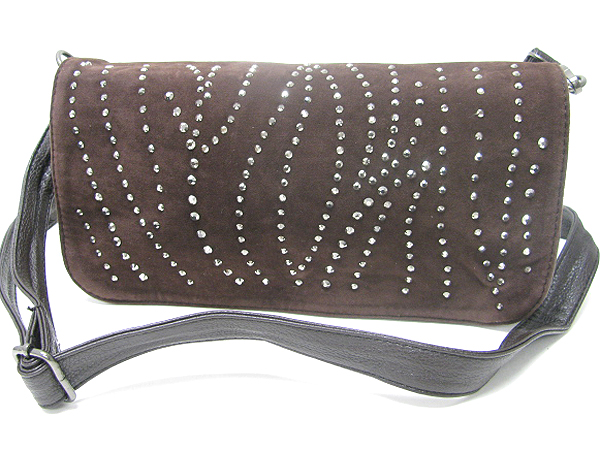 Crystal stud suede and leatherette front flop bag - adjustable and detachable strap