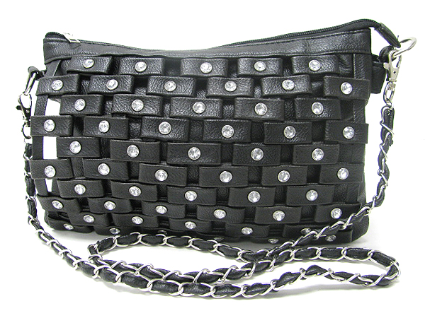 Crystal stud and patterned leatherette zipper top bag - detachable chain strap