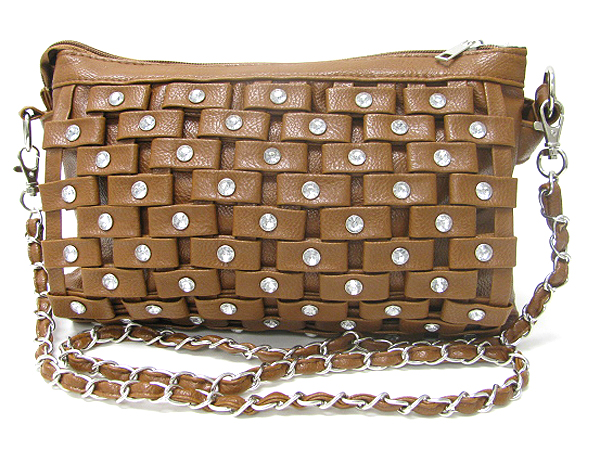 Crystal stud and patterned leatherette zipper top bag - detachable chain strap