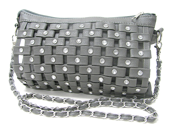 Crystal stud and patterned leatherette zipper top bag - detachable chain strap