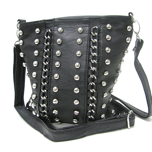 Metal stud and chain deco leatherette zipper top cross body messenger bag - adjustable and detachable strap