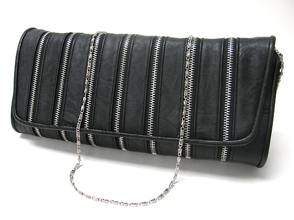 Zipper accent leatherette front flop evening bag - detachable chain strap