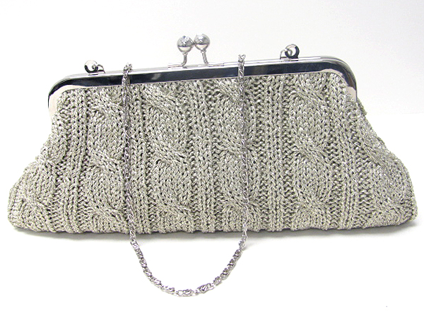 Glittering knit kisslock evening bag - detachable chain strap