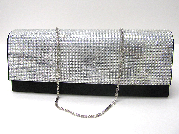 Acrylic stone stud front flop satin evening bag - detachable chain strap