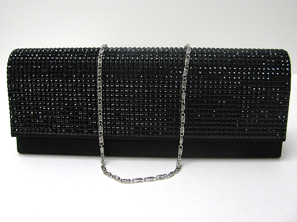 Acrylic stone stud front flop satin evening bag - detachable chain strap