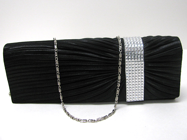 Acrylic stone accent line and pleated satin evening bag - detachable chain strap