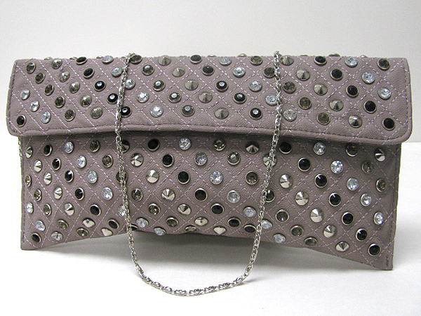 Crystal and metal spike stud leatherette front flop bag - detachable chain strap