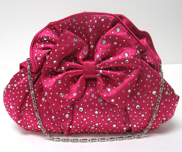 Crystal stud and ruffle ribbon satin clutch bag - detachable chain strap