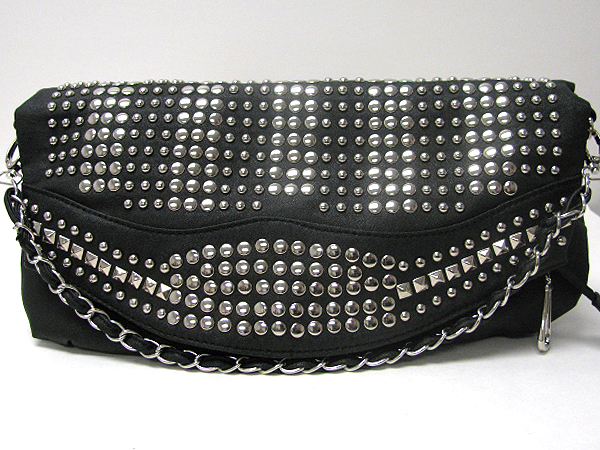 Multi metal button stud leatherette front flop bag - detachable chain strap