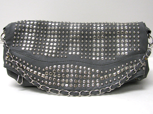 Multi metal button stud leatherette front flop bag - detachable chain strap