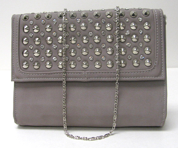 Crystal and metal spike stud leatherette front flop bag - detachable chain strap