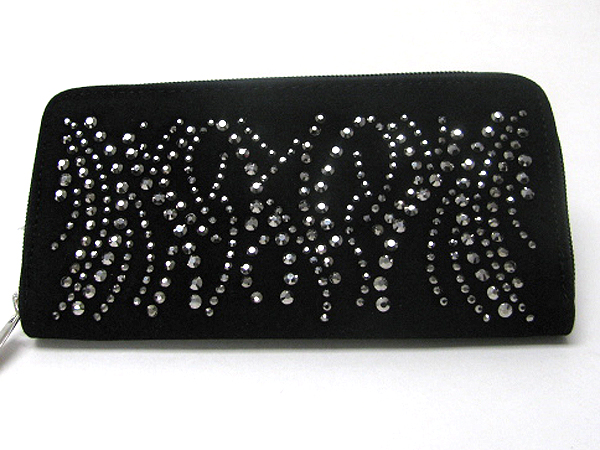 Crystal stud zipper top suede wallet