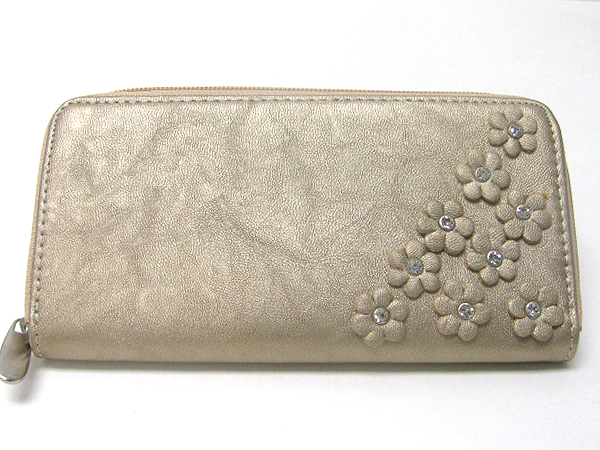 Multi crystal center flower deco leatherette zipper top wallet