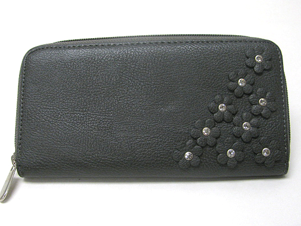 Multi crystal center flower deco leatherette zipper top wallet