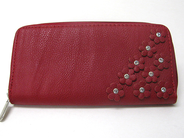 Multi crystal center flower deco leatherette zipper top wallet