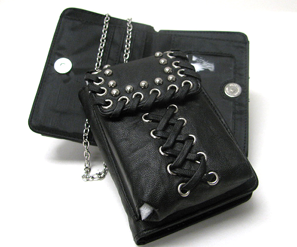 Metal stud and shoelace deco cell phone pouch and wallet in one - detachable chain strap