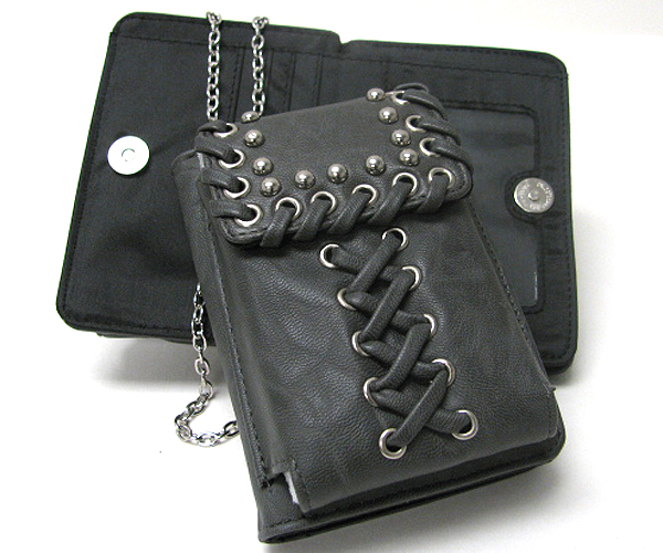 Metal stud and shoelace deco cell phone pouch and wallet in one - detachable chain strap