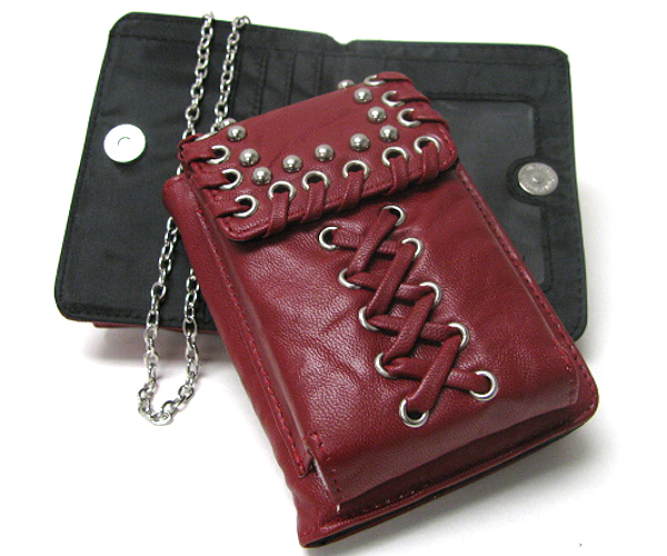 Metal stud and shoelace deco cell phone pouch and wallet in one - detachable chain strap