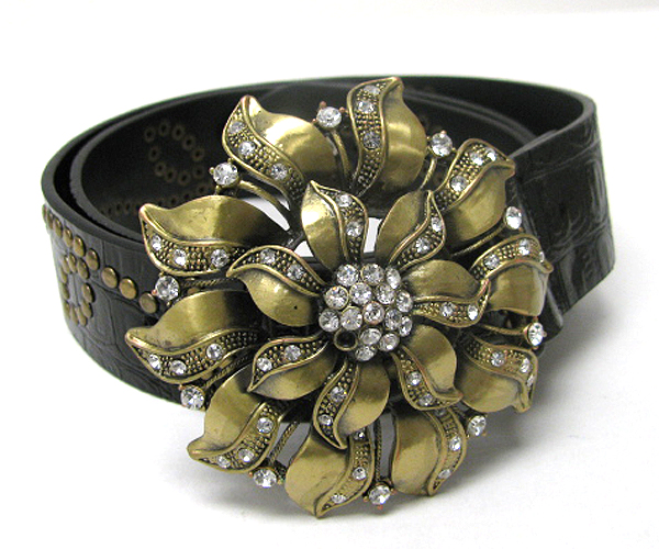 Crystal stud large flower buckle and metal stud belt