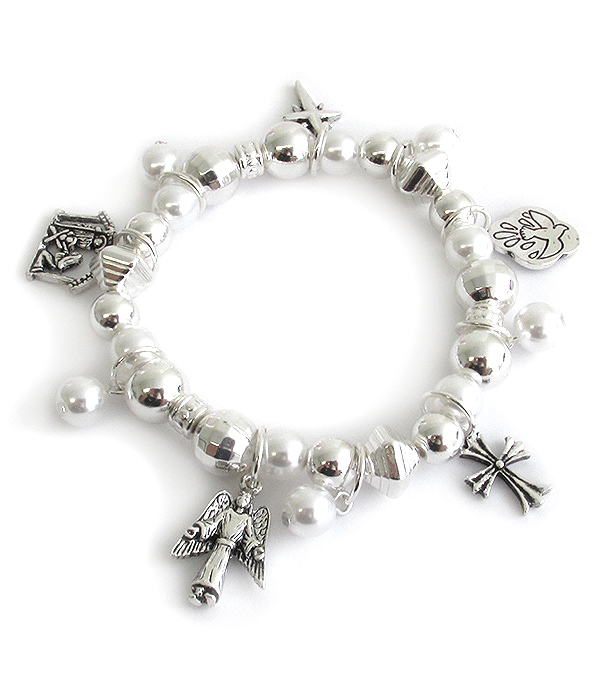 Religious theme multi charm stretch bracelet - cross jesus