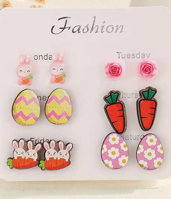 Easter theme 6 pair wood earring set - rabbit egg carrot