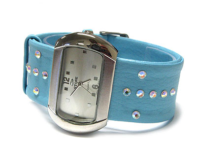 Crystal stud cross accent leather band watch