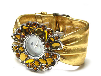 Crystal flower face and metalic band watch