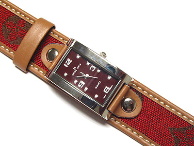 Leather with fabric pattern band fashion watch