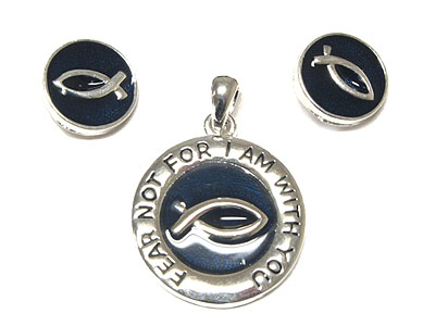 Epoxy christian theme round pendant and earring set