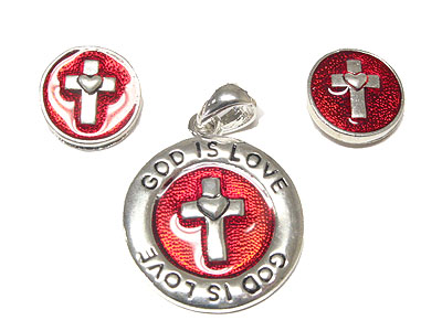 Epoxy christian theme round pendant and earring set - god is love