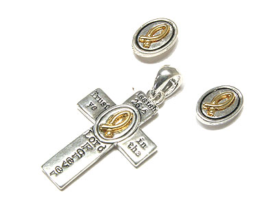 Metal csting cross and bible message pendant and earring set