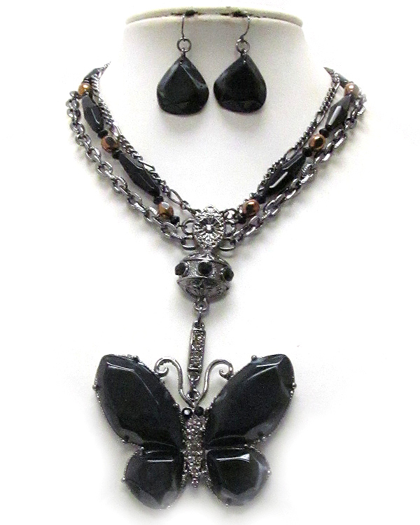 Boutique quality onyx tone natural regin and crystal butterfly drop necklace and earring set